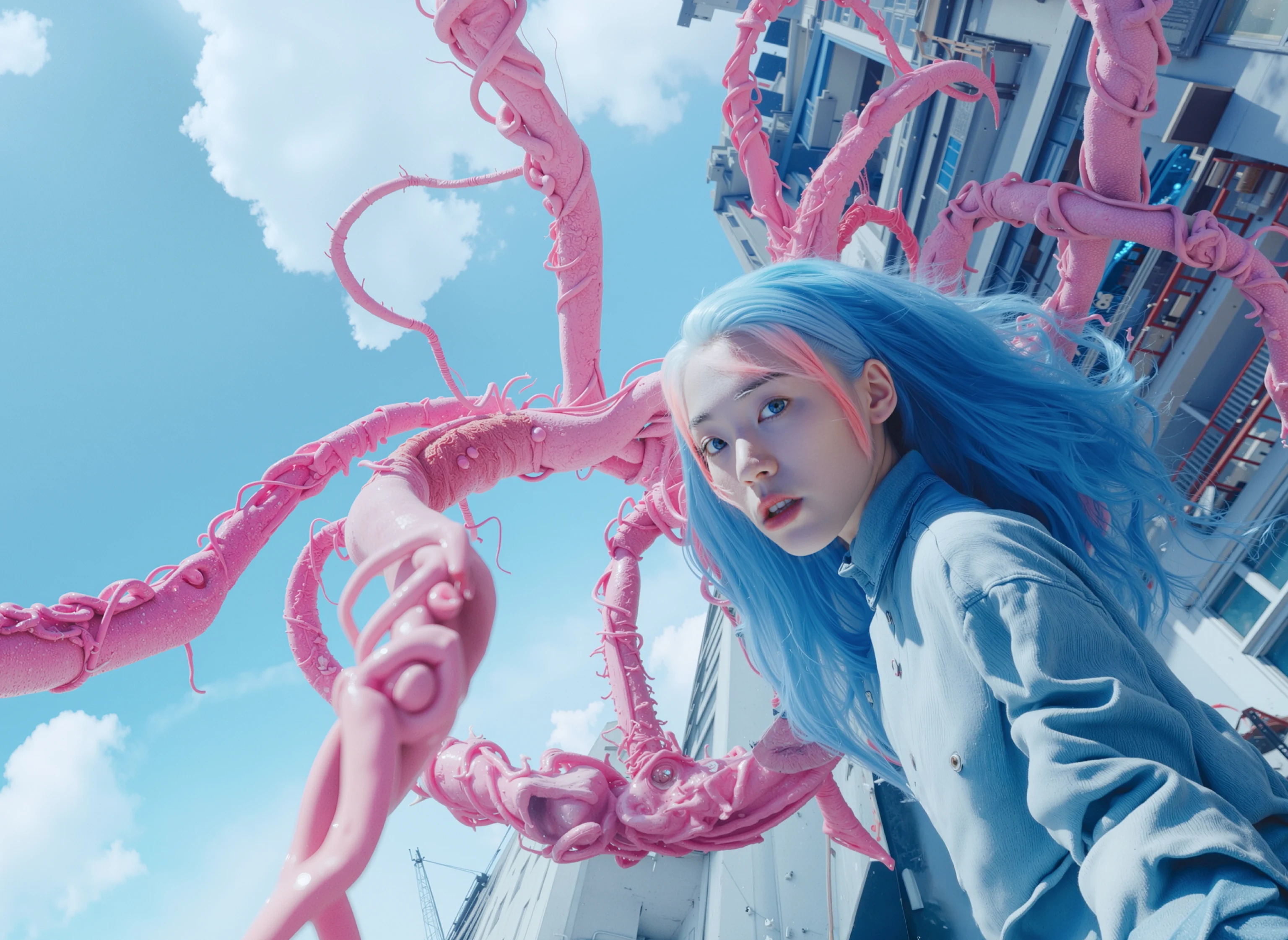 Close-up portrait of a model in denim clothing with flowing blue hair and pink tentacle shapes behind her