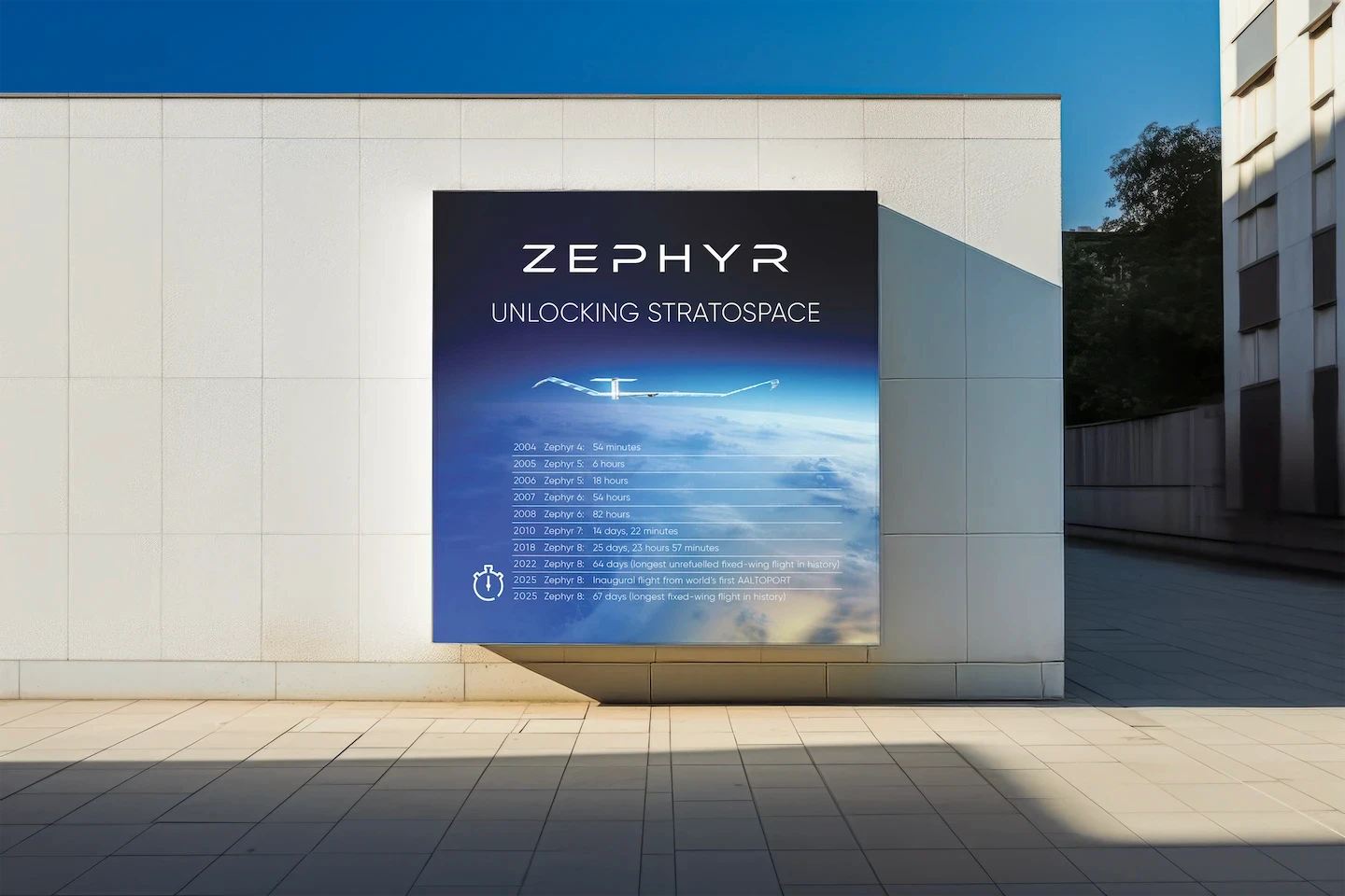 Outdoor building signage displaying ZEPHYR timeline showing progression of stratospheric aircraft flights from 2004 to 2025