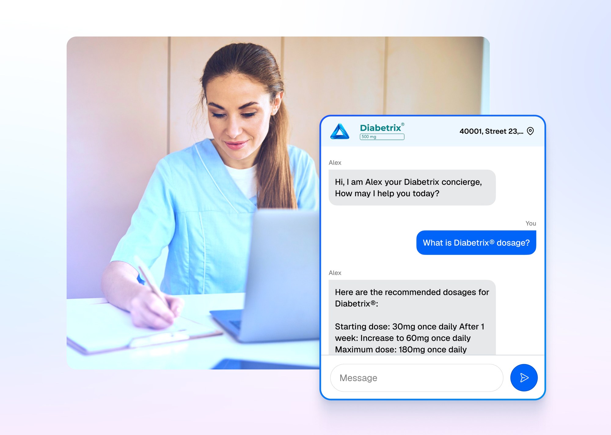 The Rx Assistant running under a client pharma brand, as a Diabetrix-branded chat window answering a prescriber