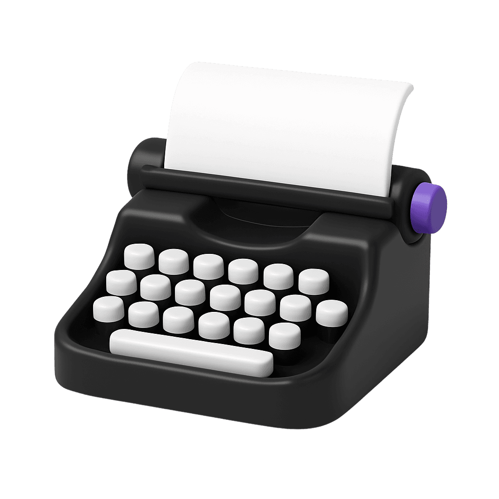 3D illustration of a black typewriter with white keys and a blank white paper in the paper holder