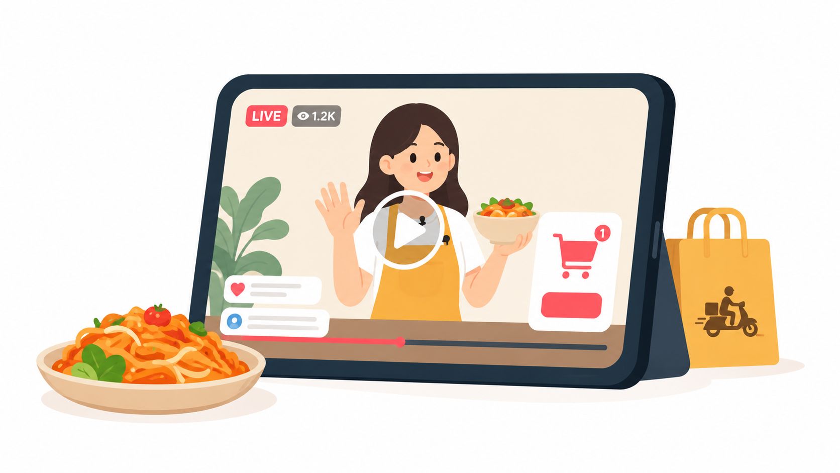 Ilustración de una chef haciendo una transmisión en vivo en una tablet sobre comida a domicilio.