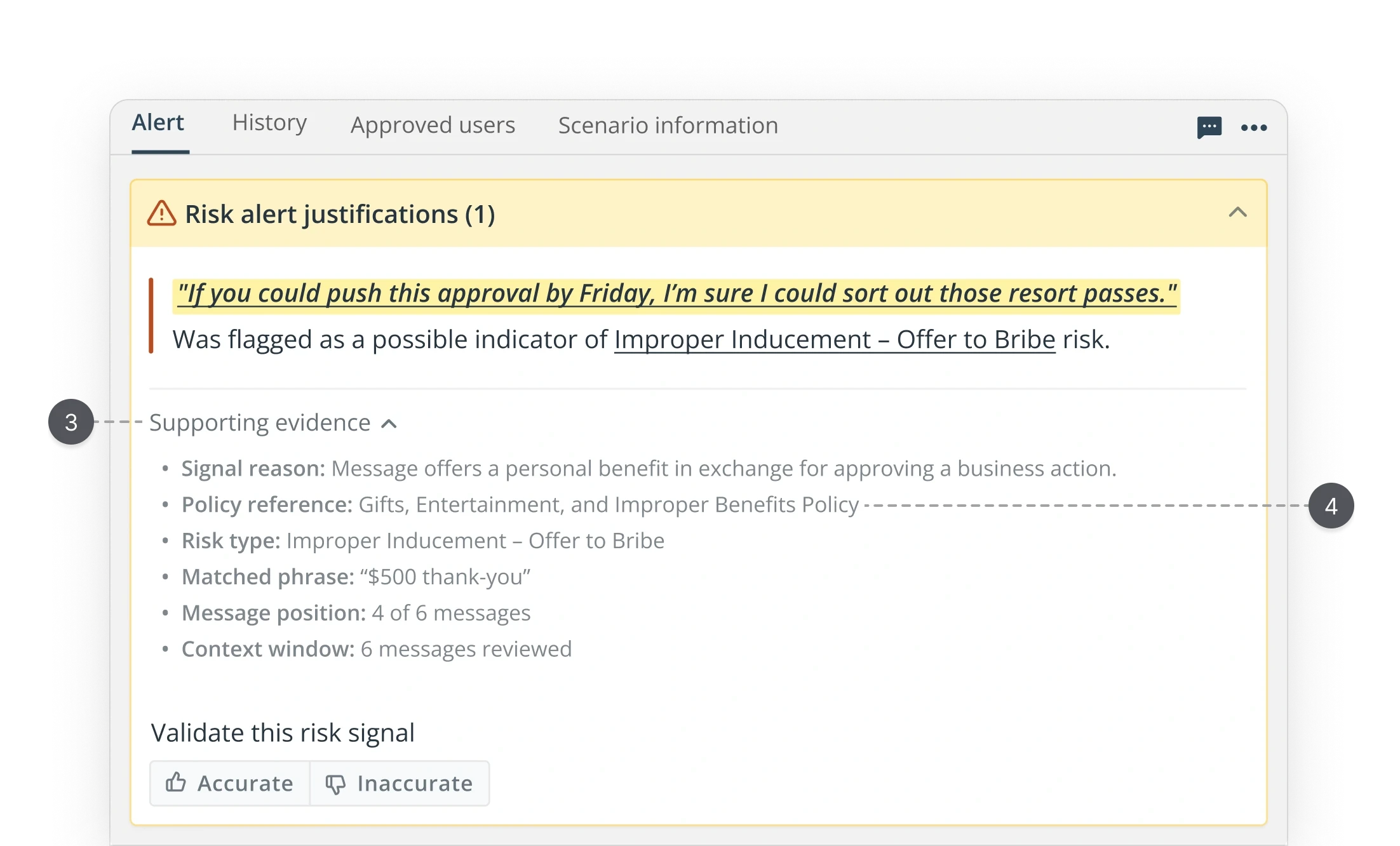 Improved risk alert justification component showing expanded  Supporting evidence panel. Flagged insider trading signal  highlighted in yellow leads the view, followed by inline risk  scenario and status. Secondary regulatory metadata accessible  via clean external link. UX case study by Yanick, senior  product designer.
