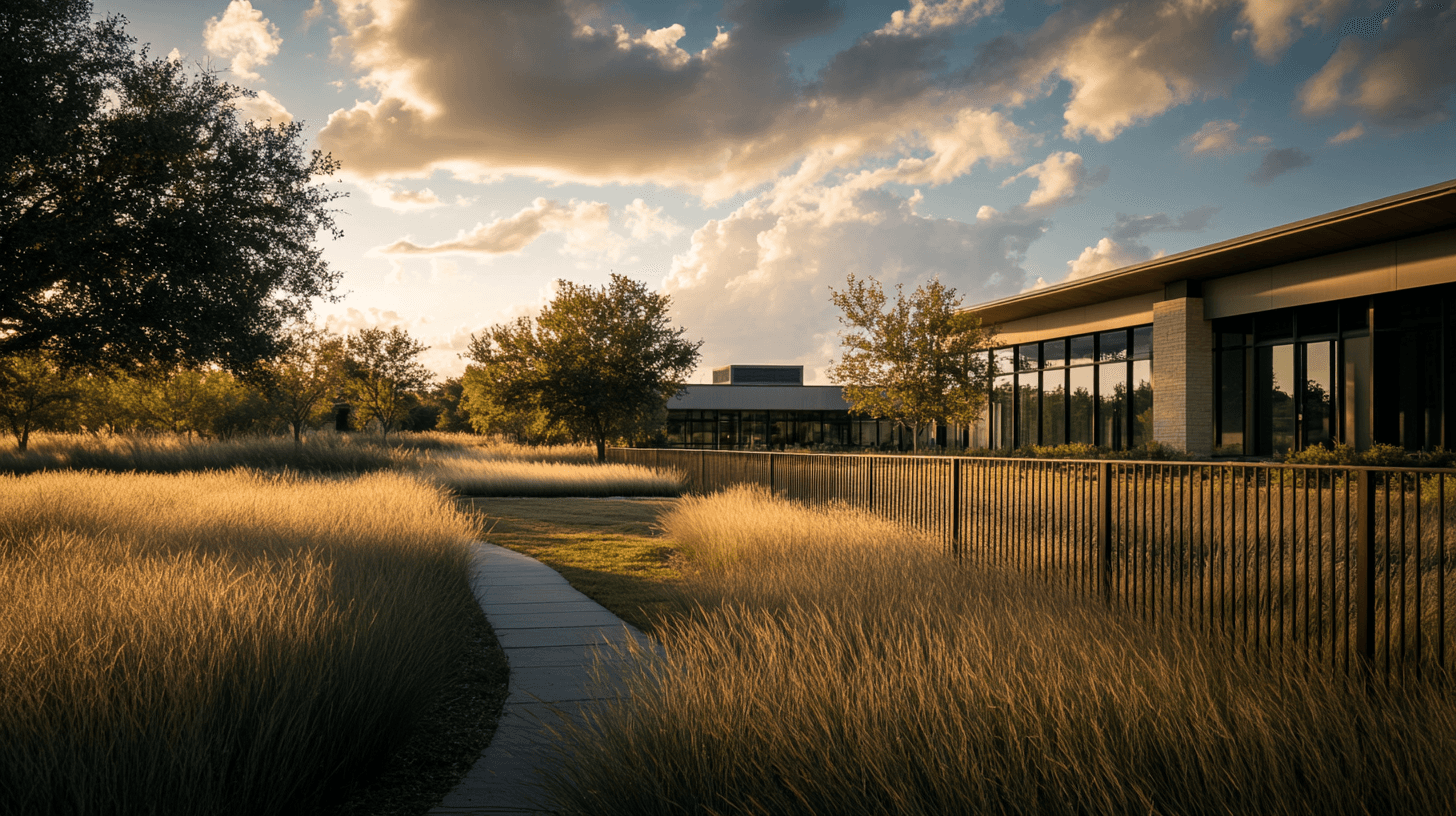 Modern glass building with illuminated interior and reflections at sunset