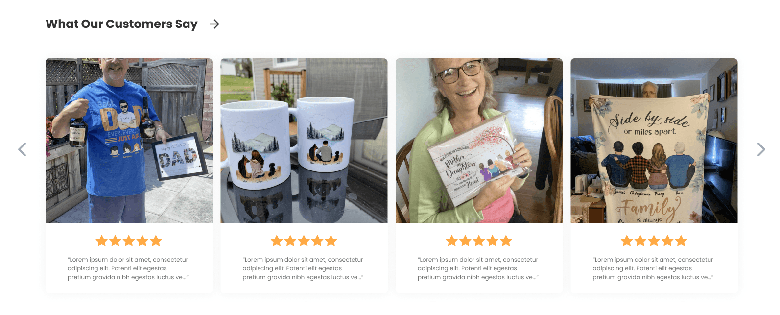 the reviews section of the site, showing the top 4 flattering reviews with vibrant customer photos