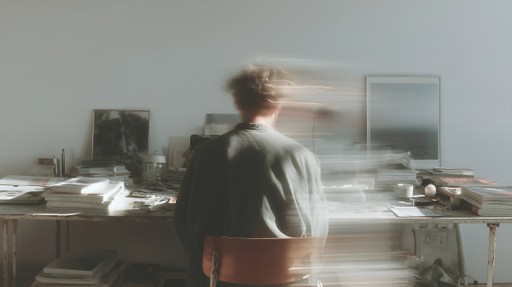 A person sits at a cluttered desk with blurred motion, surrounded by books and art, in a softly lit, creative workspace.