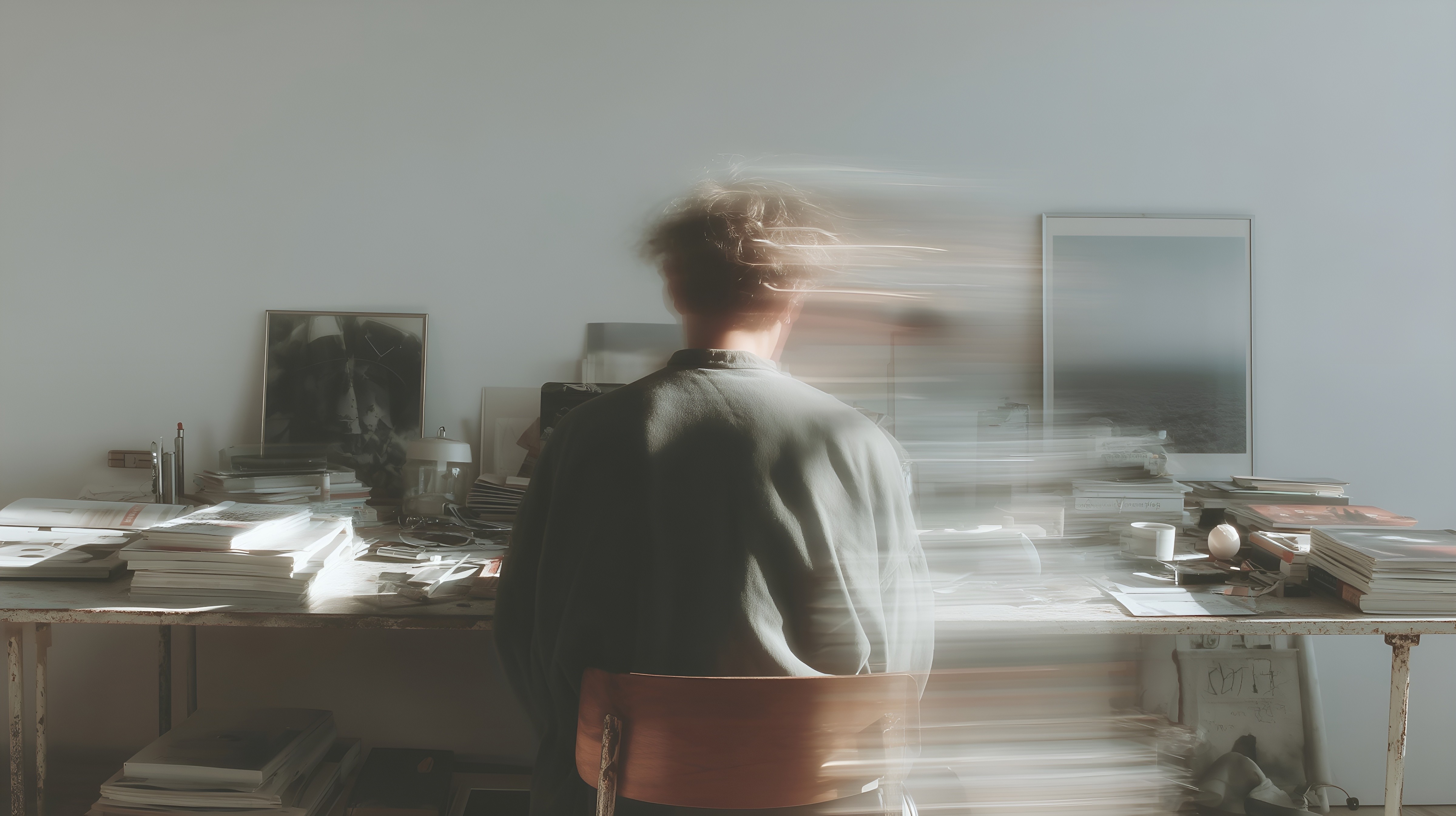 A person sits at a cluttered desk with blurred motion, surrounded by books and art, in a softly lit, creative workspace.