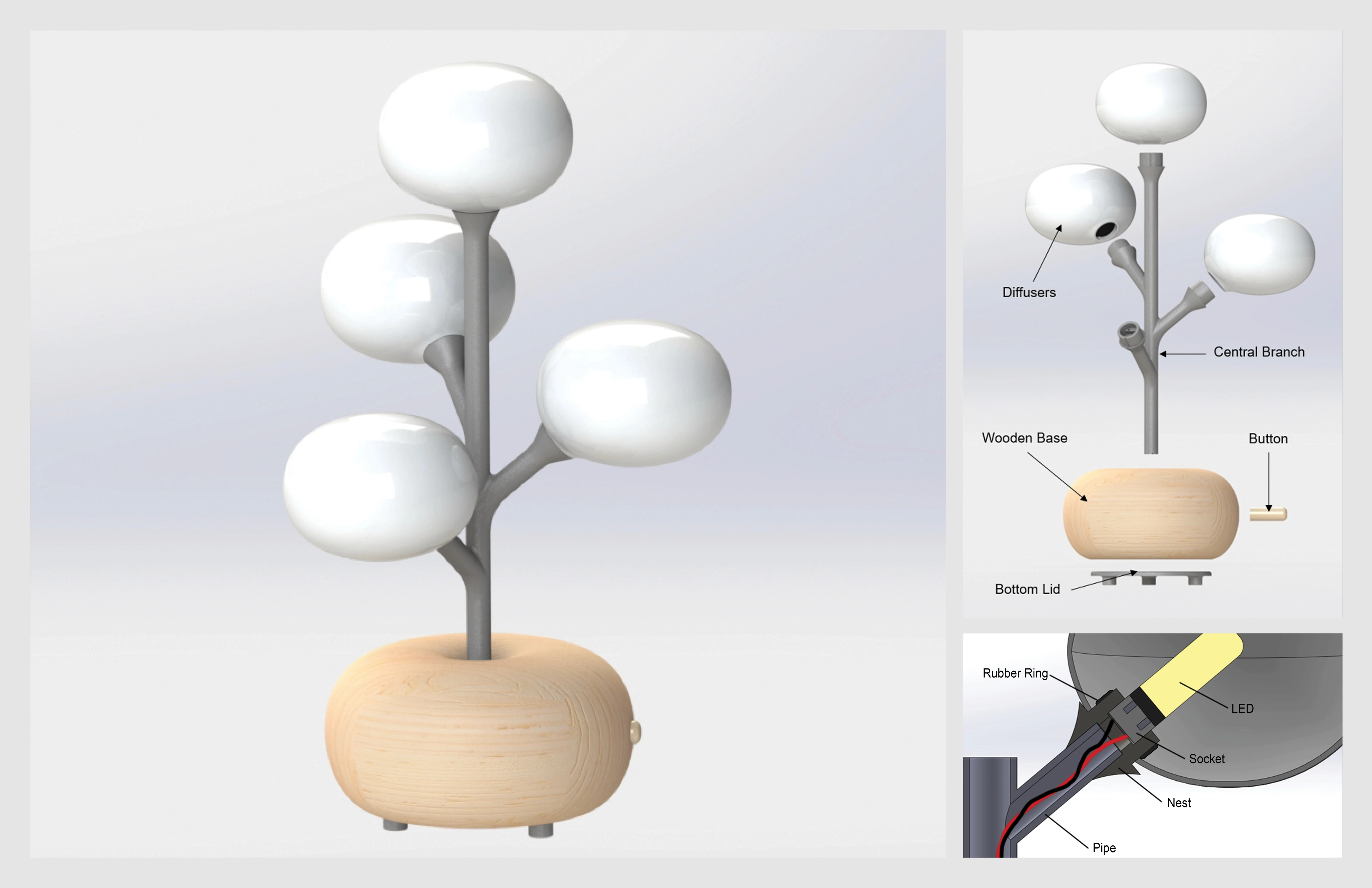 Final 3D model with exploded view of the lamp parts.
