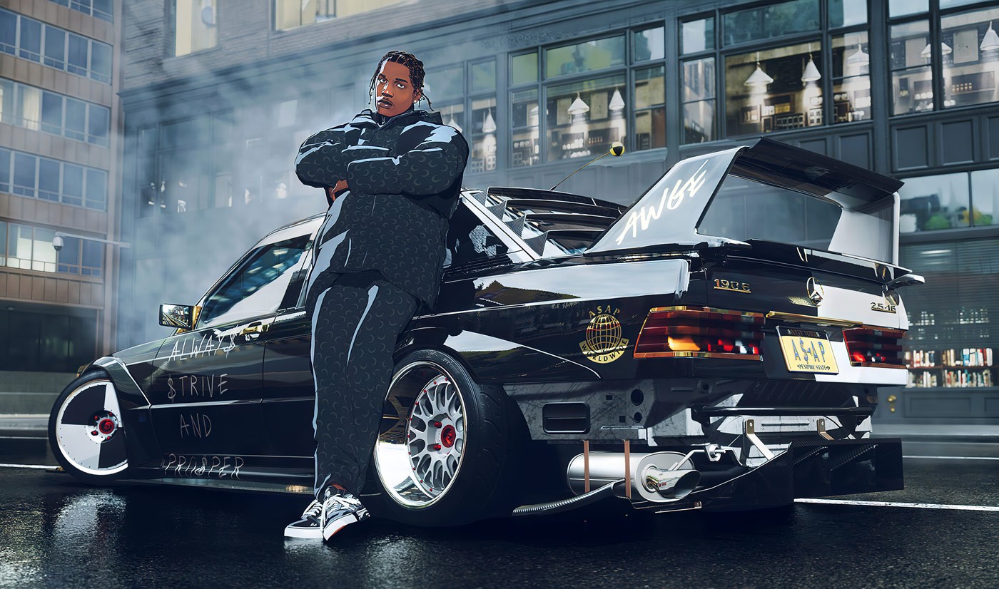 A$AP Rocky leans against his custom 1988 Mercedes-Benz 190E, exuding urban style and confidence in Need for Speed Unbound.