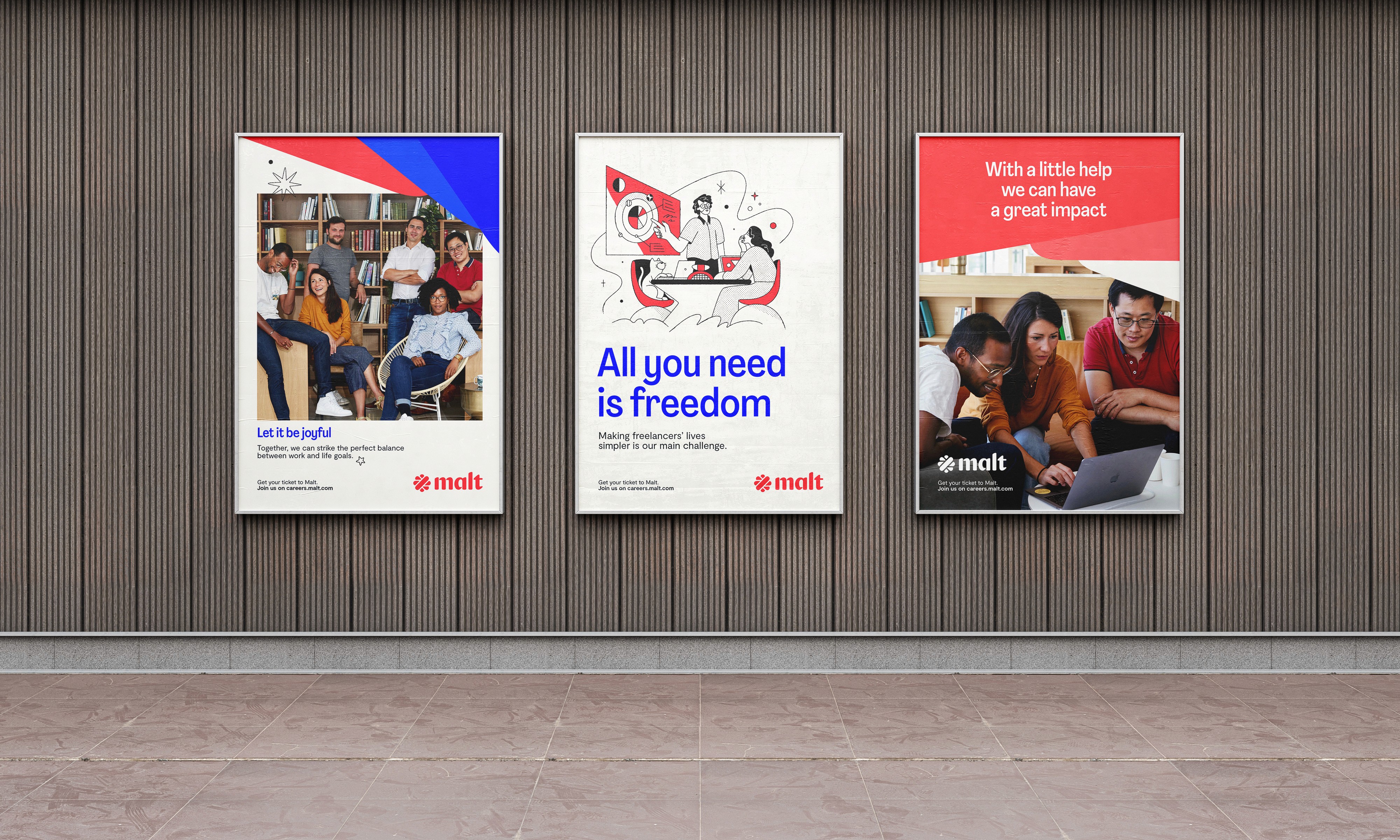 Streetside billboard with flyposters of the Batch.Works brand and illustrations