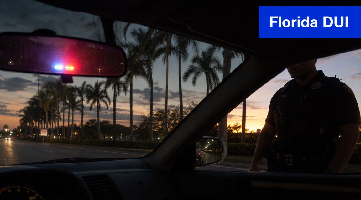 A police officer approaches a car window during a traffic stop at sunset in Florida.