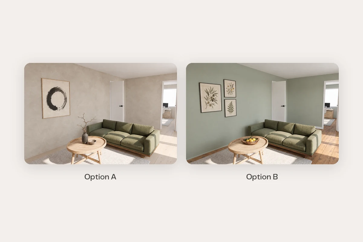 Two rendered options of the same living room, each with the same custom sofa