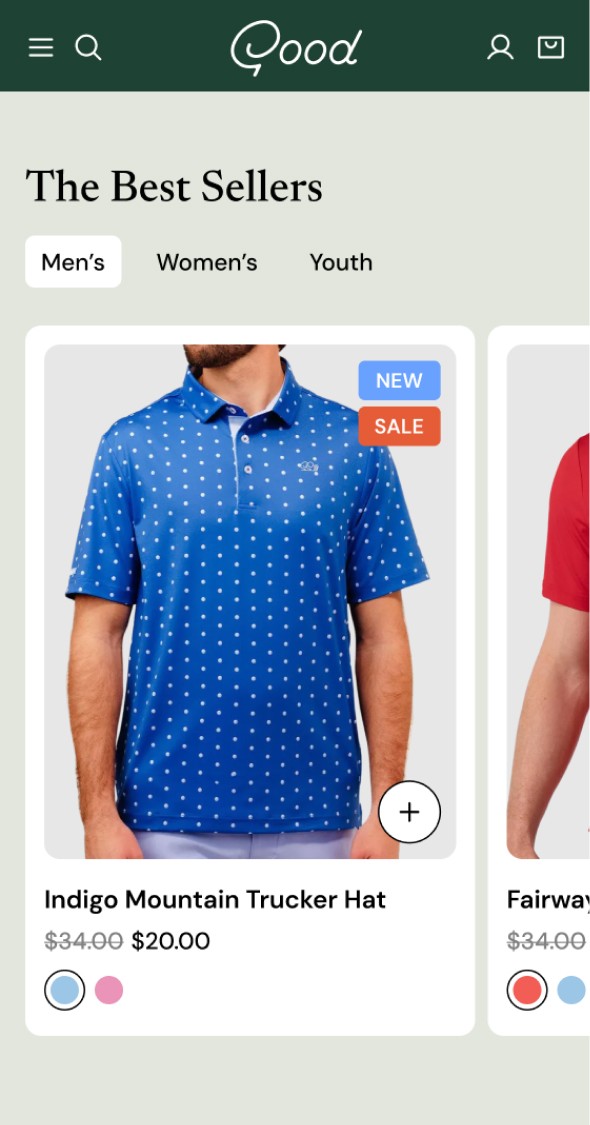 Mobile product collection grid with quick view and colour options