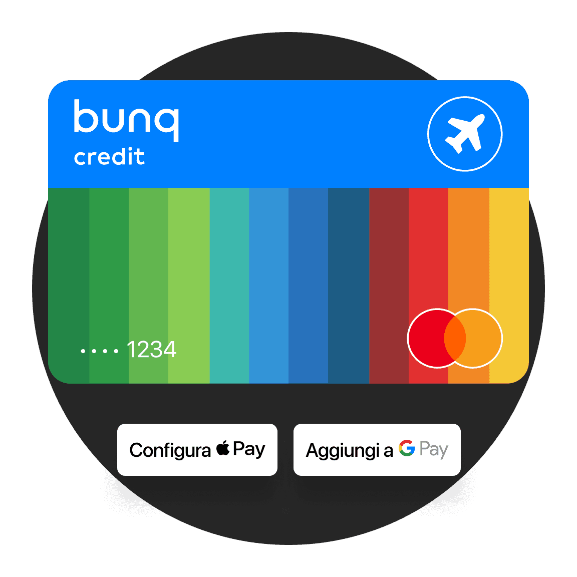 Carta bunq con i loghi di Apple Pay e Google Pay.