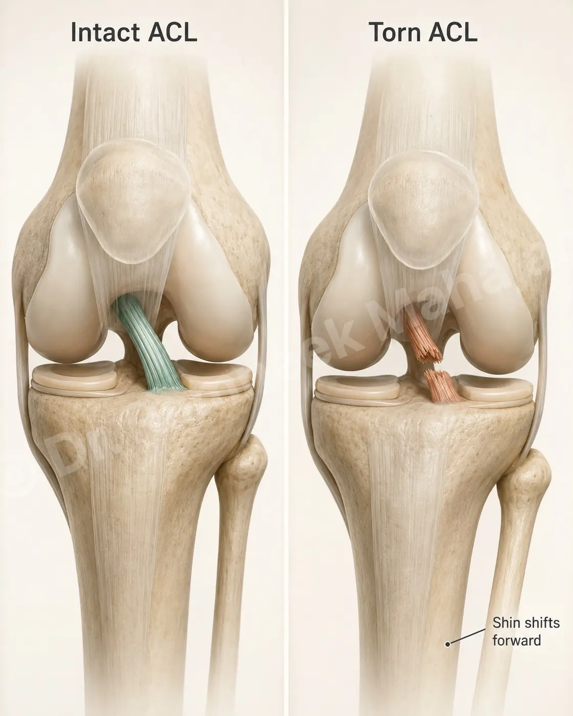 An intact ACL holds the shin bone aligned; a torn ACL lets the shin shift forward, making the knee feel unstable.