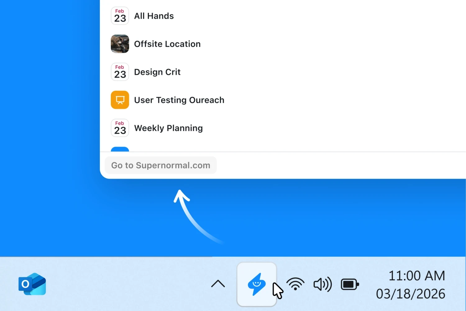 Supernormal Desktop App onboarding flow showing sign-in, calendar connection, audio permission setup, language selection, and quick setup steps.