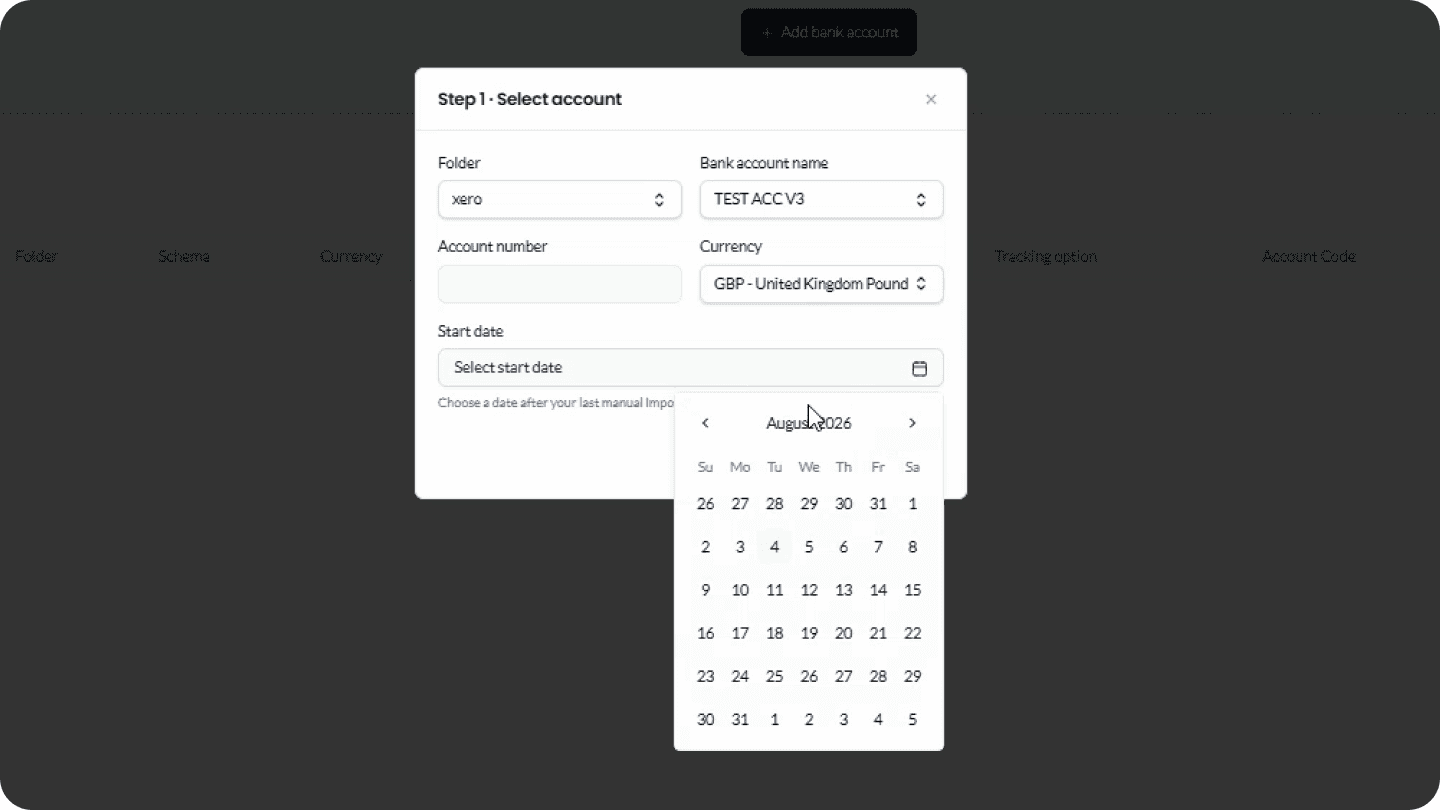 fileAI’s Select account step for Xero Bank Feeds: choose the folder, bank account, currency and a start date.