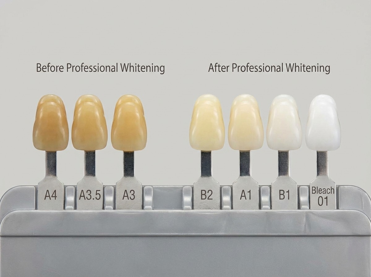 Professional teeth whitening shade guide showing dramatic whitening results from in-office treatment at Smyrna Dental Studio