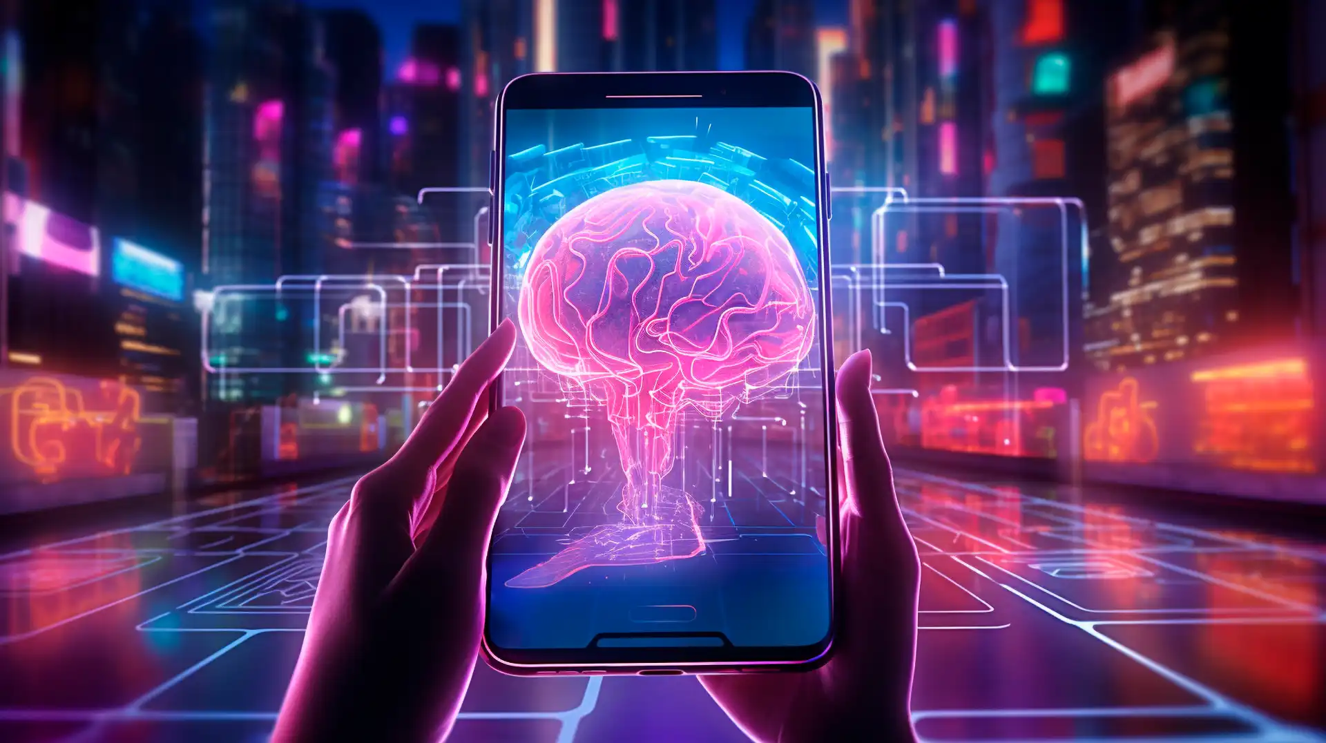 Futuristic smartphone projecting a digital brain, symbolizing the orchestration of AI tools and new transparency layers.