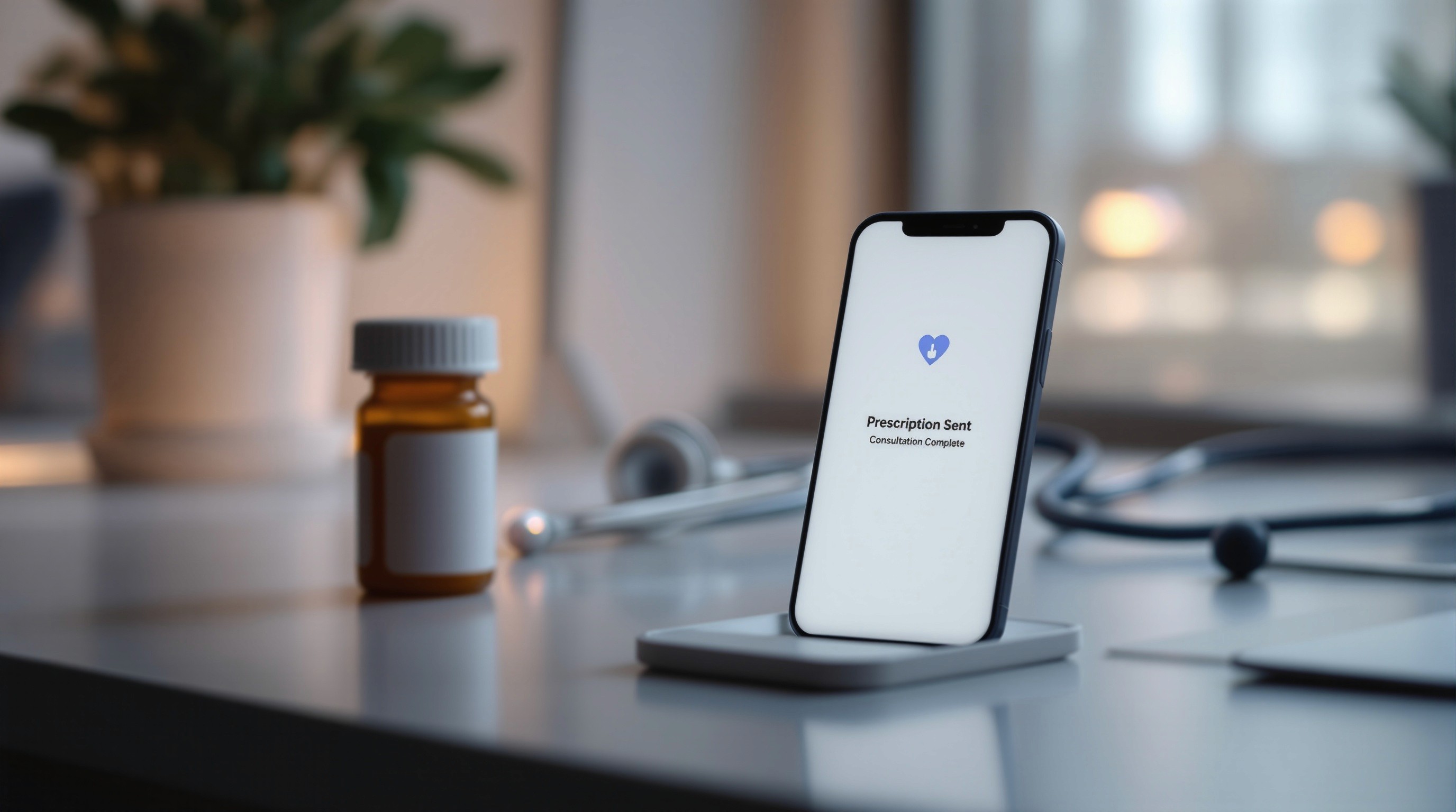 Smartphone on a wireless charging stand displaying a “Prescription Sent – Consultation Complete” message, with a prescription bottle, stethoscope, and potted plant blurred in the background, symbolizing modern telehealth and online prescription services.