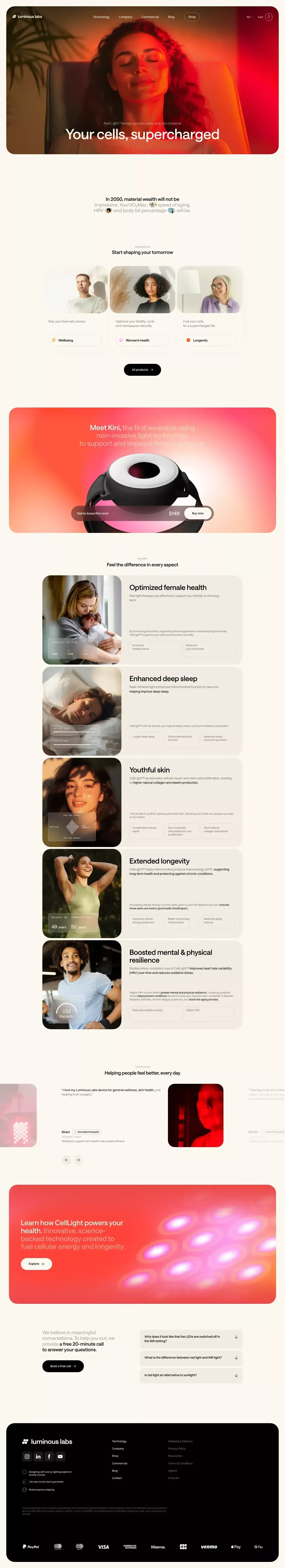 Luminous Labs landing page screenshot showcasing Health & Fitness and Tech design