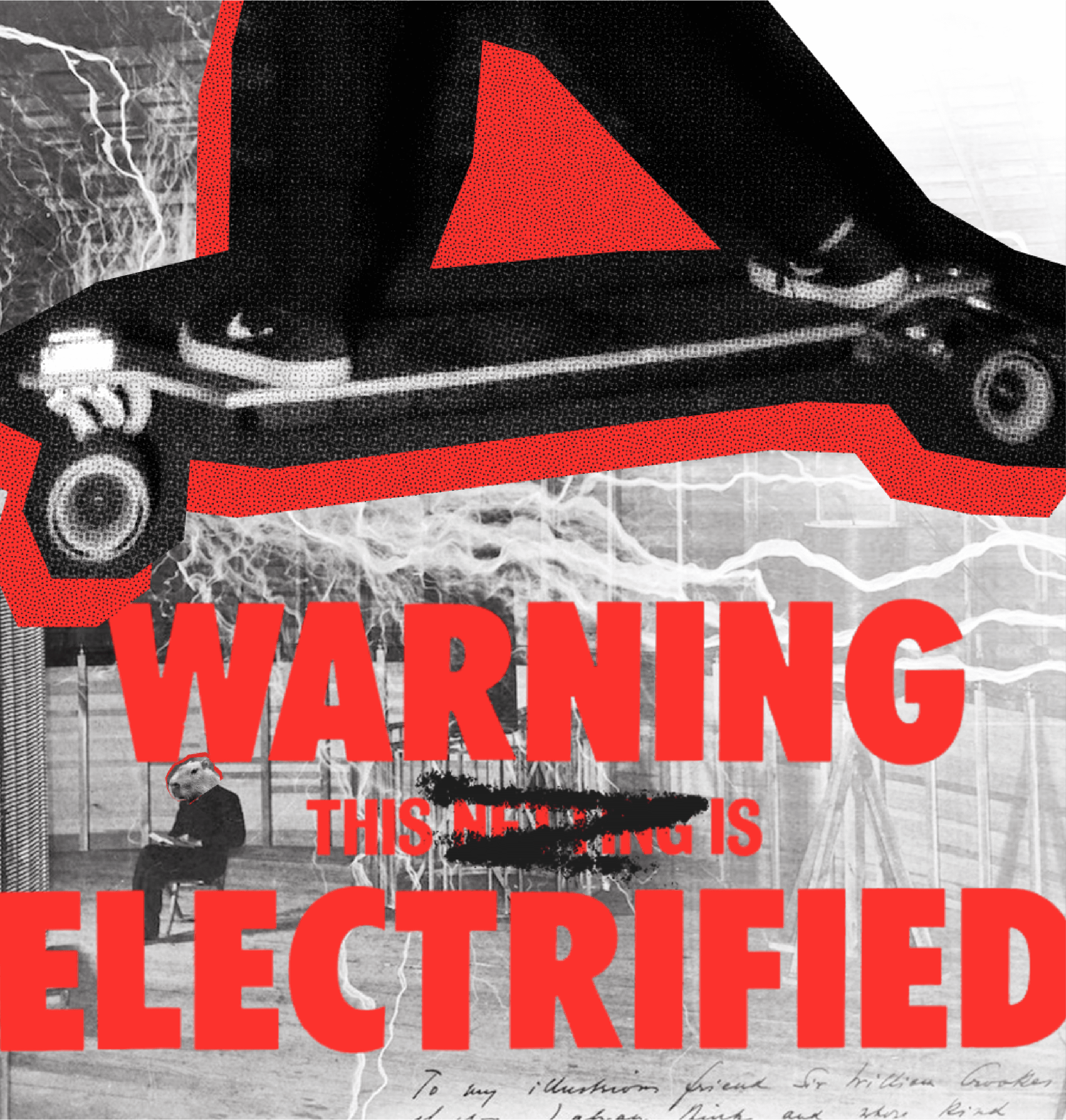High-contrast poster with electric skateboard and bold red “Warning” typography over black-and-white background