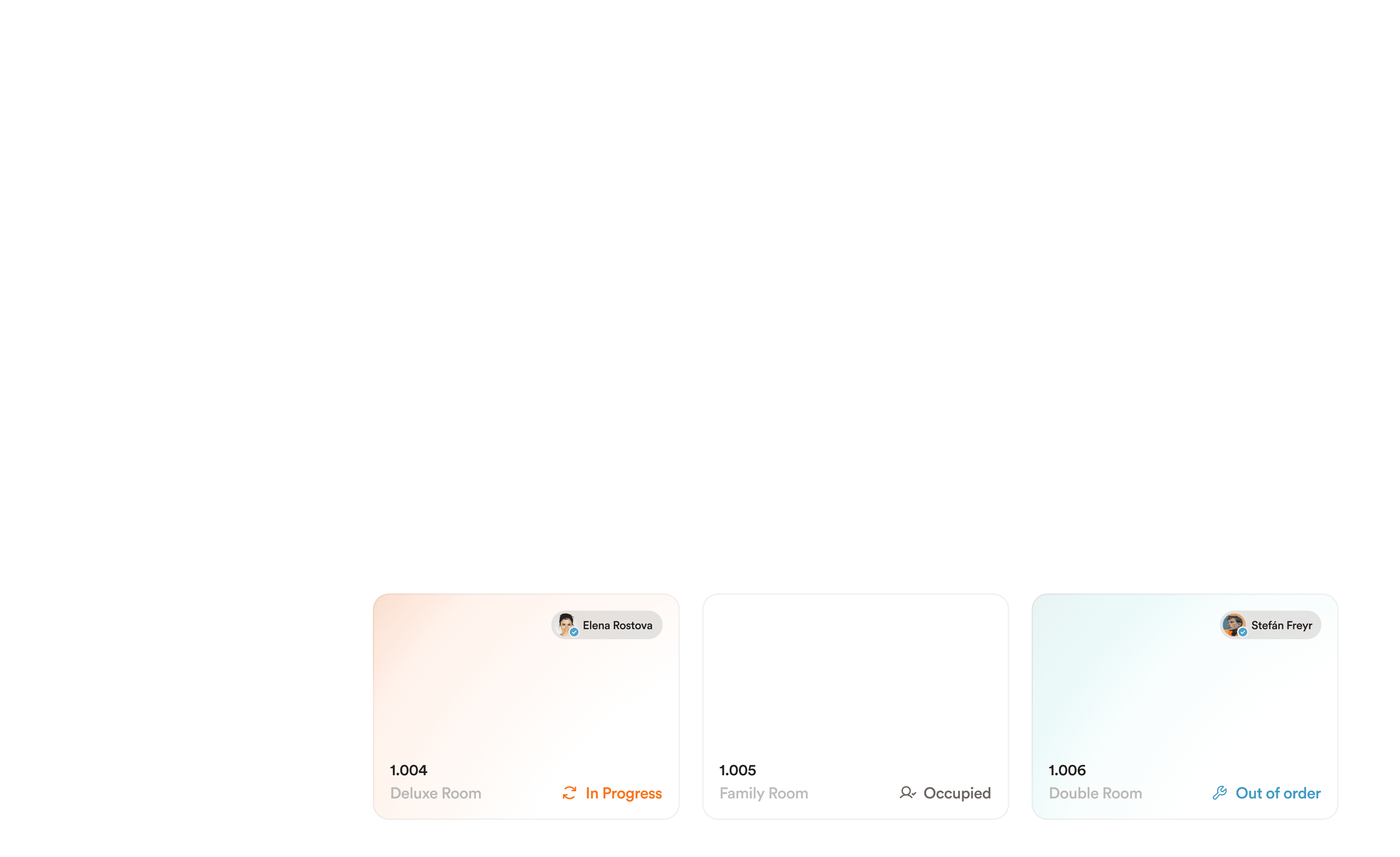 Sweeply room status cards showing in-progress, occupied and out-of-order rooms