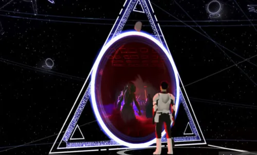 Ezra Bridger wearing stormtrooper armor looking into a triangle shaped portal