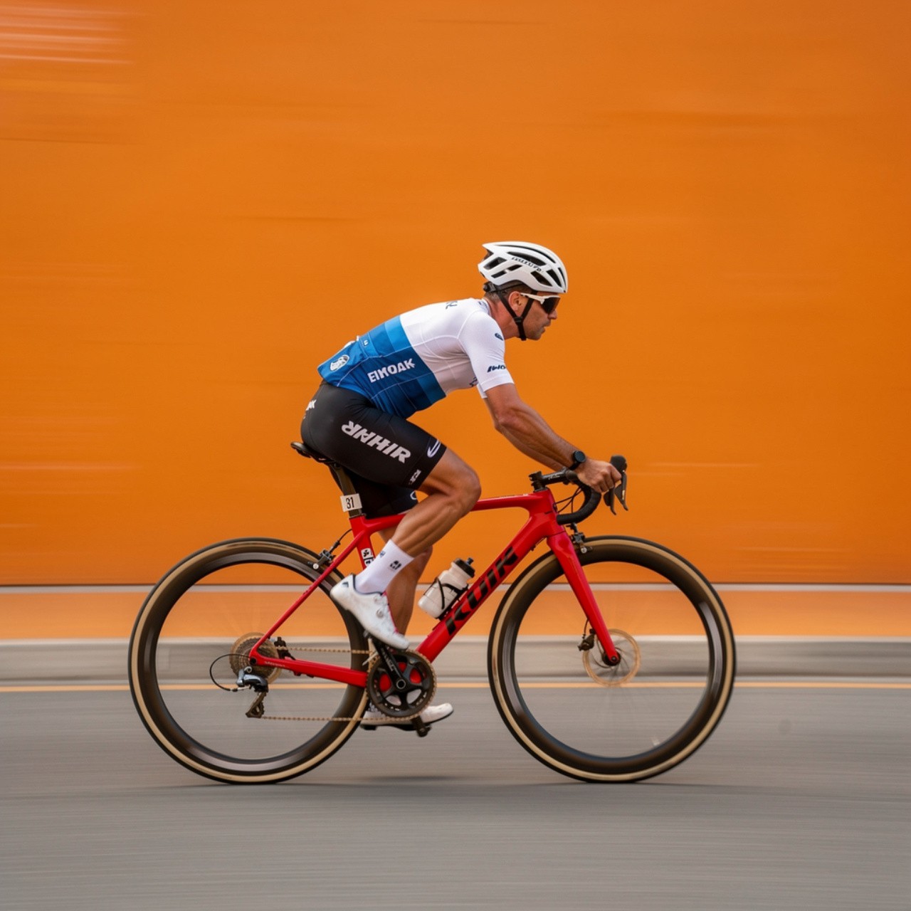 A cyclist in racing gear rides a red bike at speed against a vibrant orange background. Motion blur emphasizes speed and focus.