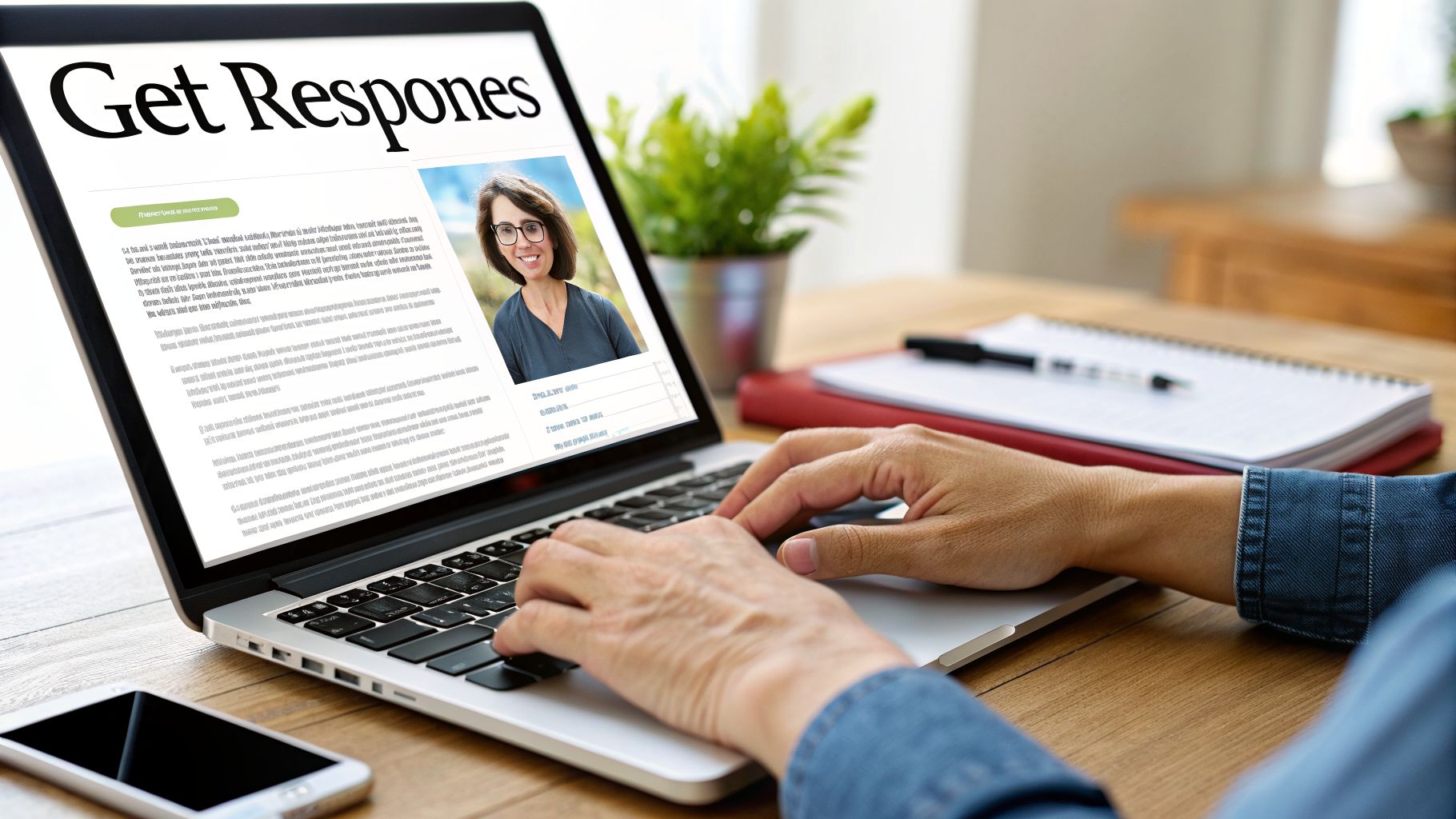 Hands typing on a laptop displaying 'Get Responses' website with a smiling woman's photo.