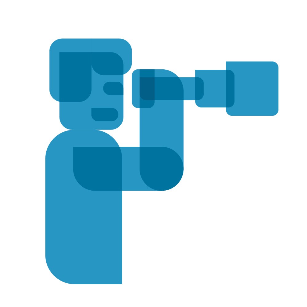 Stylized icon of a person looking through a telescope.