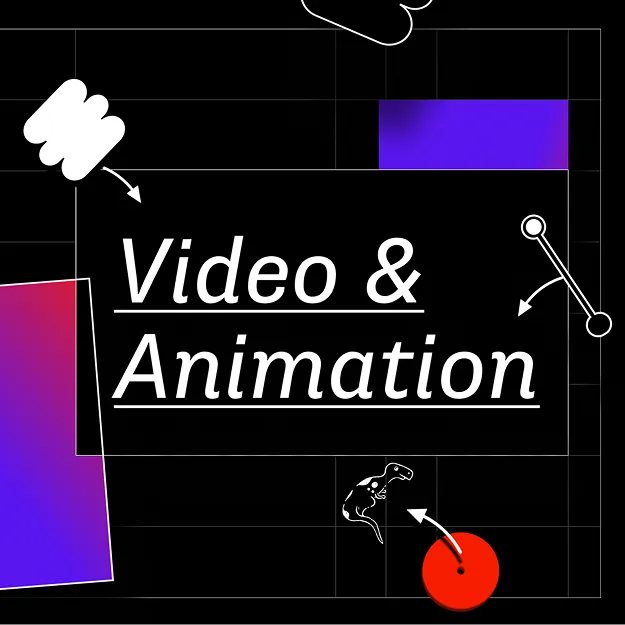 Graphic featuring the text "Video & Animation" with colorful geometric shapes and objects in a dark background.