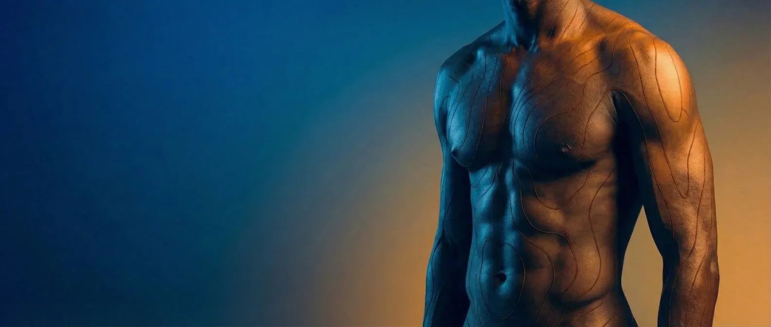 Athletic male torso showcasing plastic surgery procedures for men by Dr. Bravo