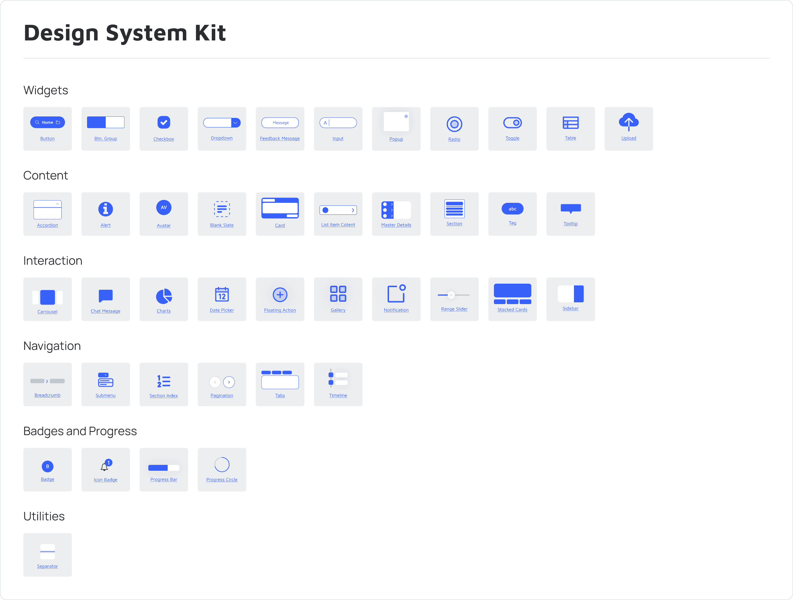 The component kit: around forty pieces grouped as widgets, content, interaction, navigation, badges and progress