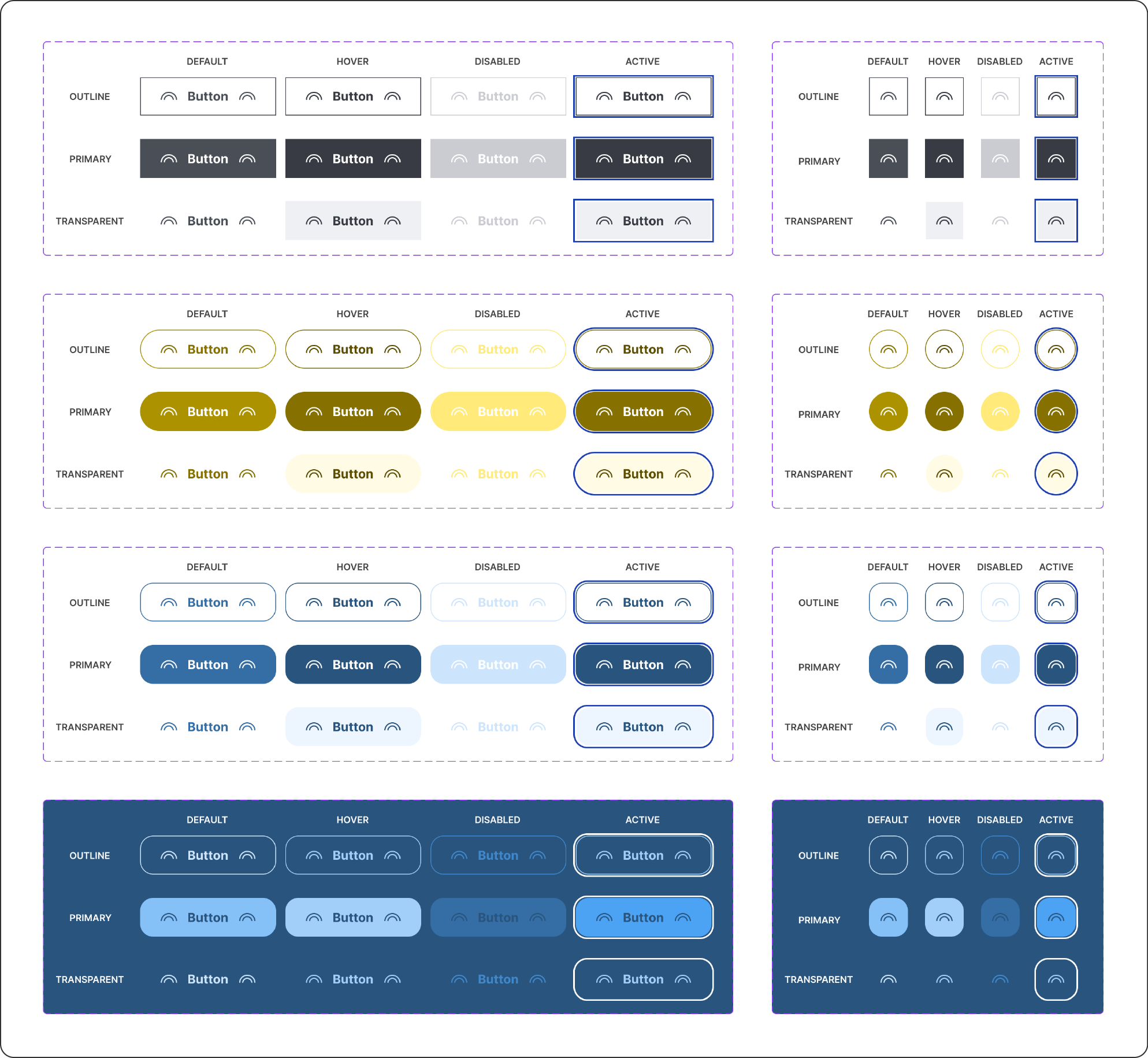 Button components in four Locopaw themes showing different states and styles.