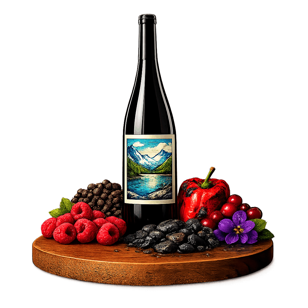 Artistic label and flavor profile for Finger Lakes Cabernet Franc on a rustic wooden table.