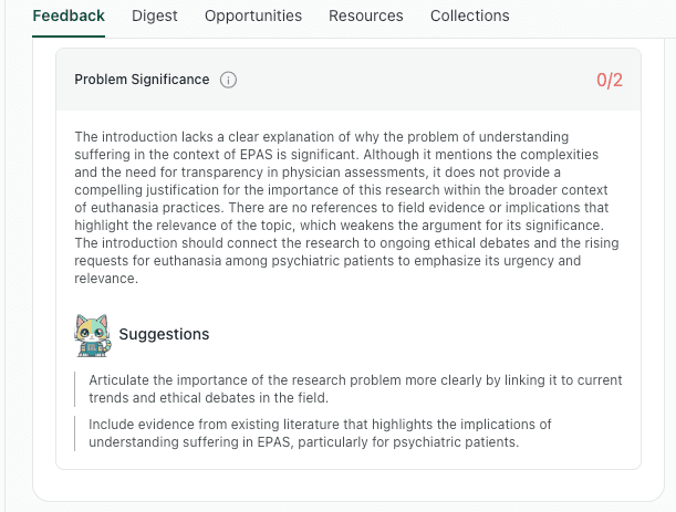 thesify introduction feedback showing Problem Significance scored 0/2 with suggestions to clarify why the research problem matters and to link significance to debates and evidence