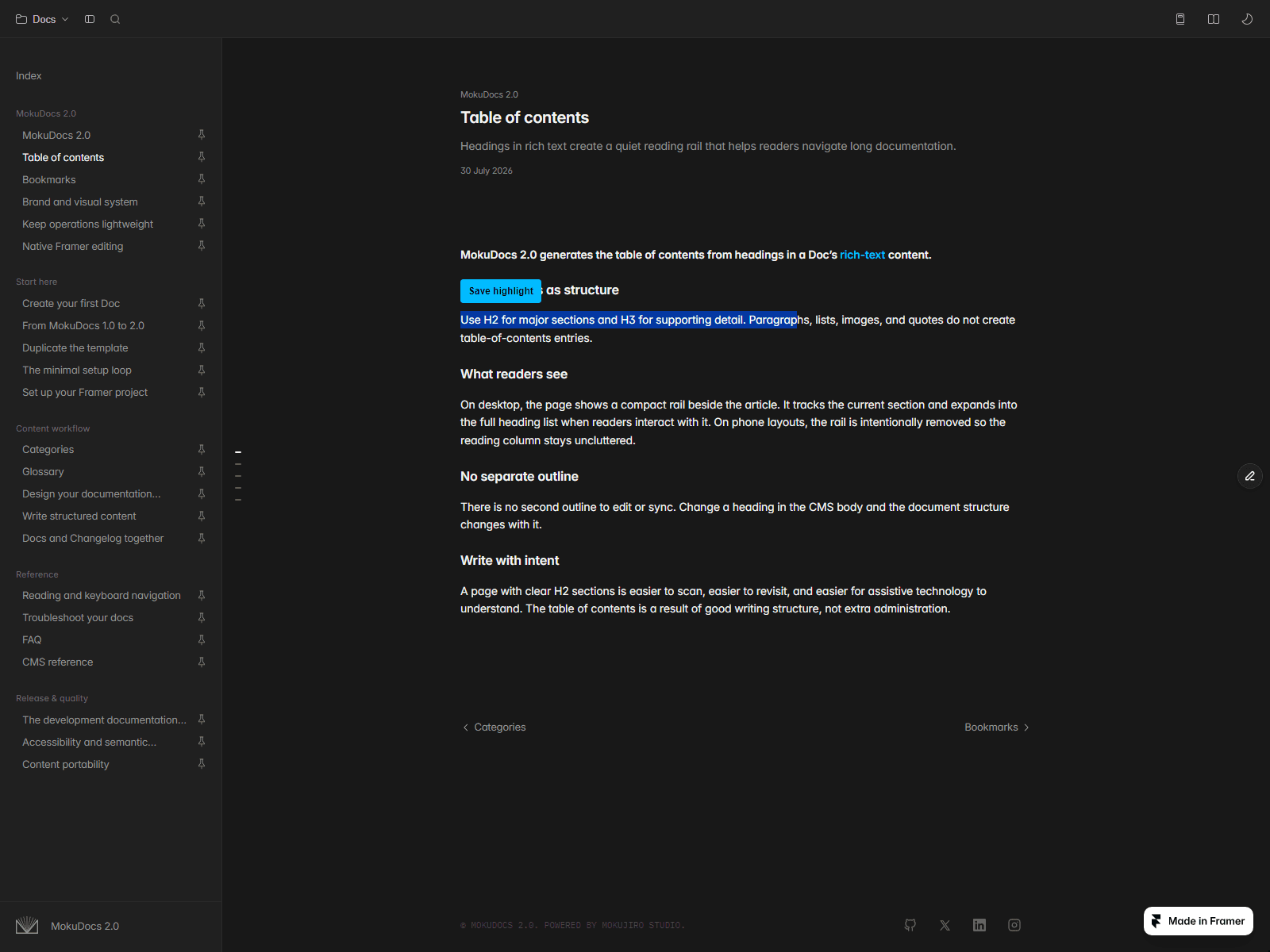 Selecting a passage in a doc: the text is highlighted and a Save highlight button appears above the selection