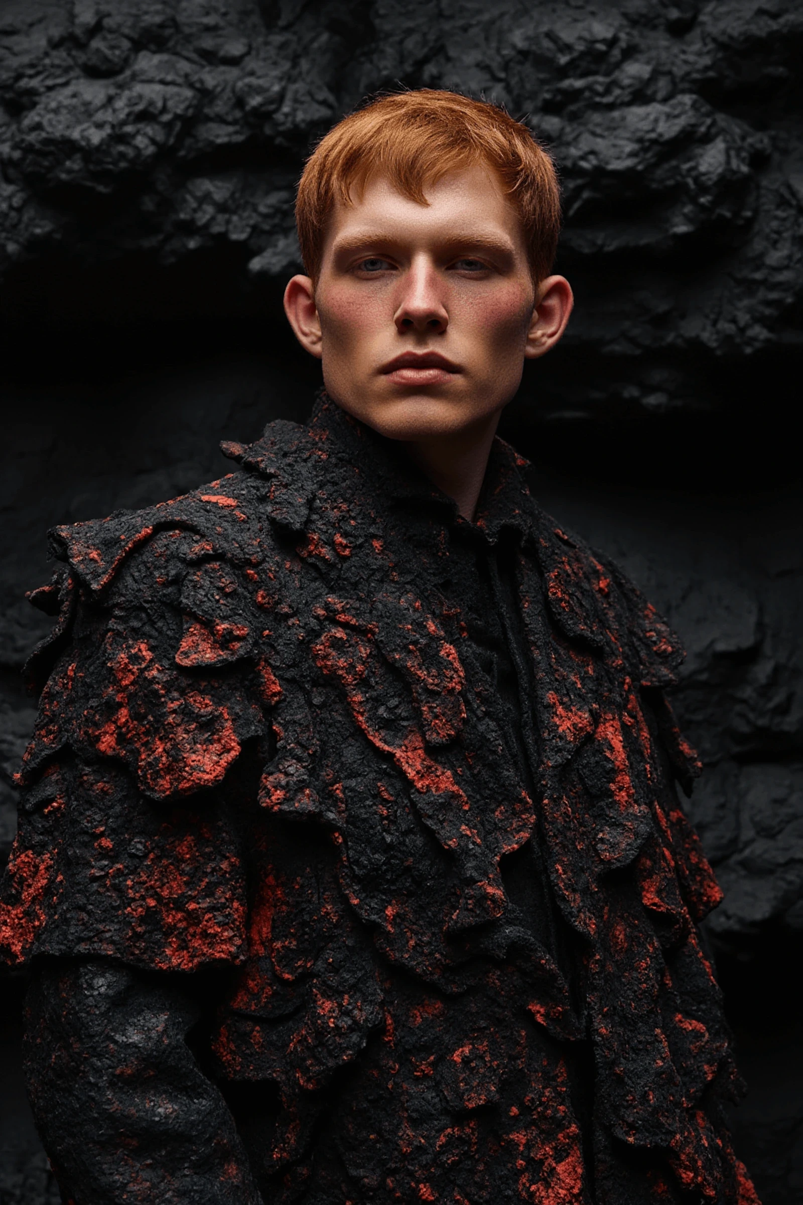 Model wearing textured volcanic jacket