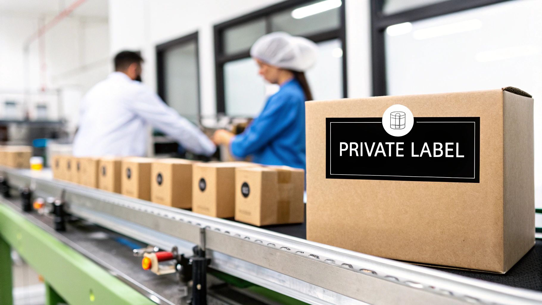A person placing a branded label onto a generic box, symbolizing private label dropshipping