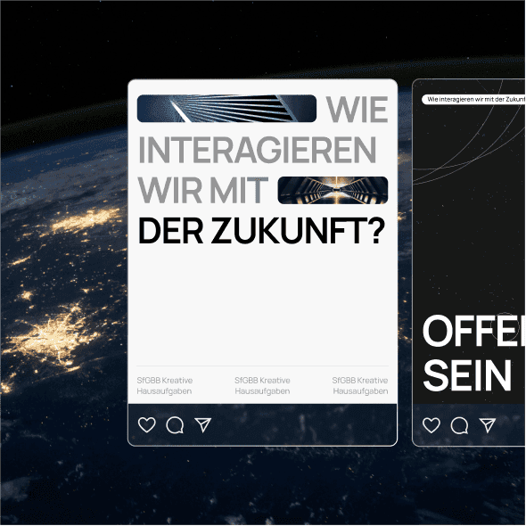 German editorial design reading "Wie interagieren wir mit der Zukunft?" with an aerial city photo and social media UI elements
