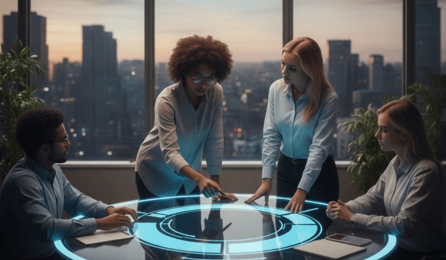 ML practitioners discussing HITL strategies around a conference table in tech office