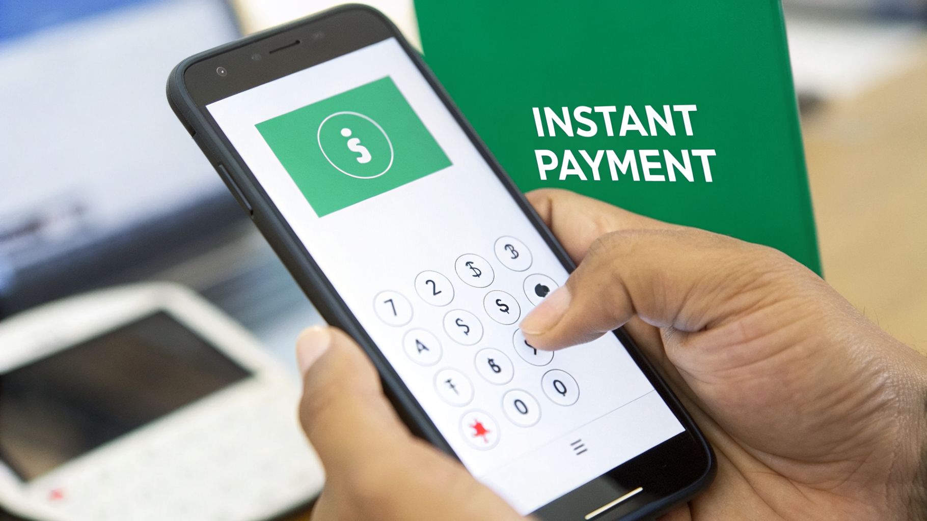 Close-up of a hand using a smartphone with a payment app, next to a sign saying 'INSTANT PAYMENT'.