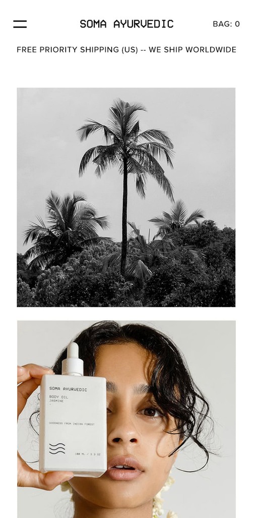 Soma Ayurvedic mobile homepage with palm trees and a skincare product