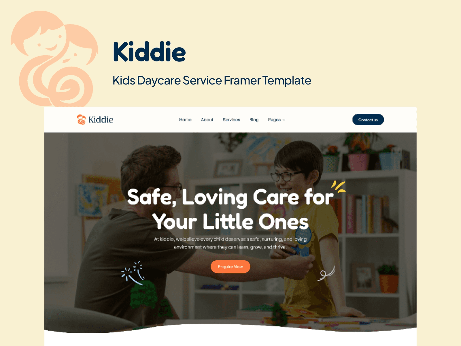 Kiddie daycare website template featuring a smiling teacher and child with playful graphics.