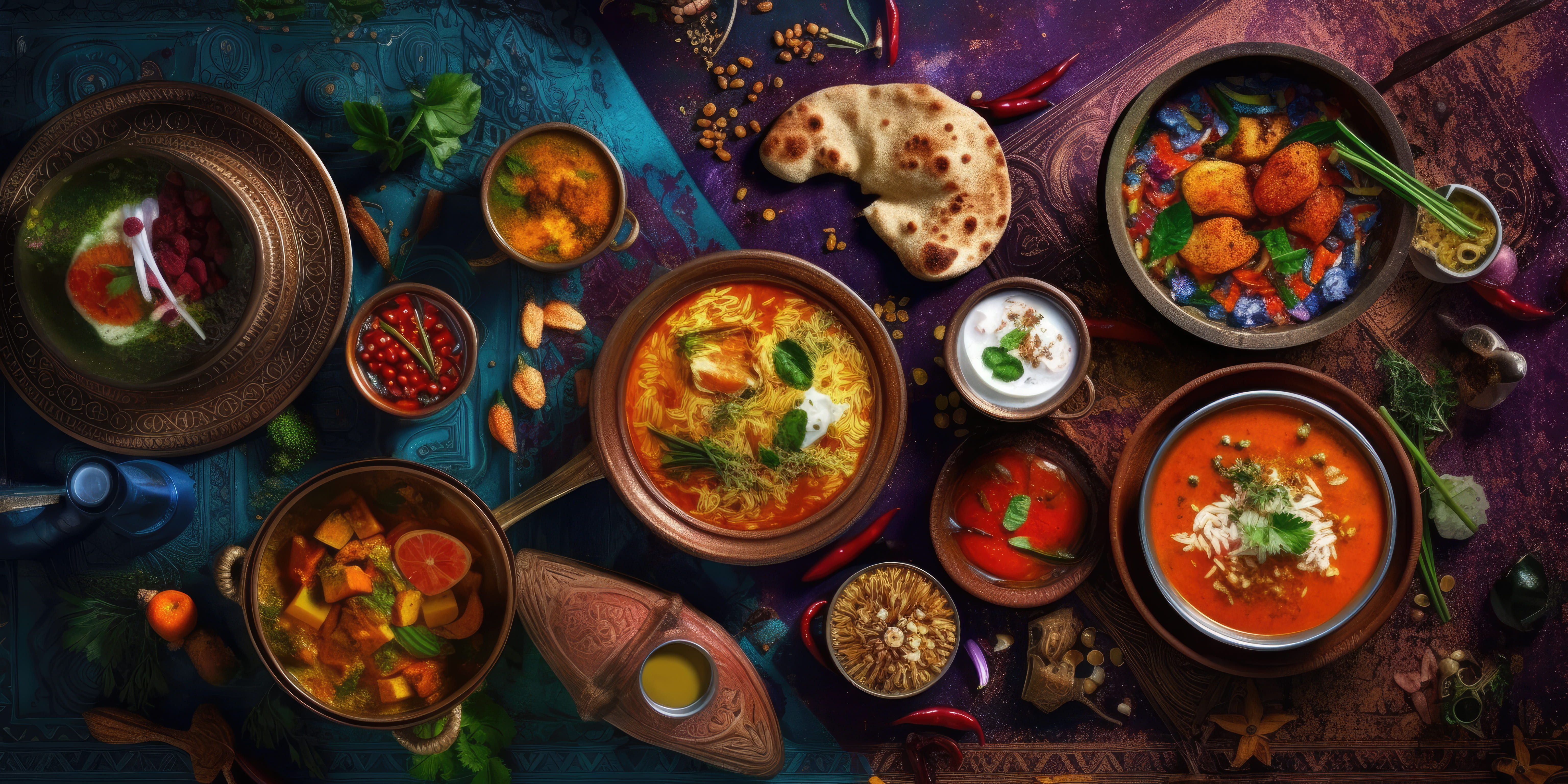 A colorful spread of various dishes in bowls, featuring vibrant ingredients against a dark background.