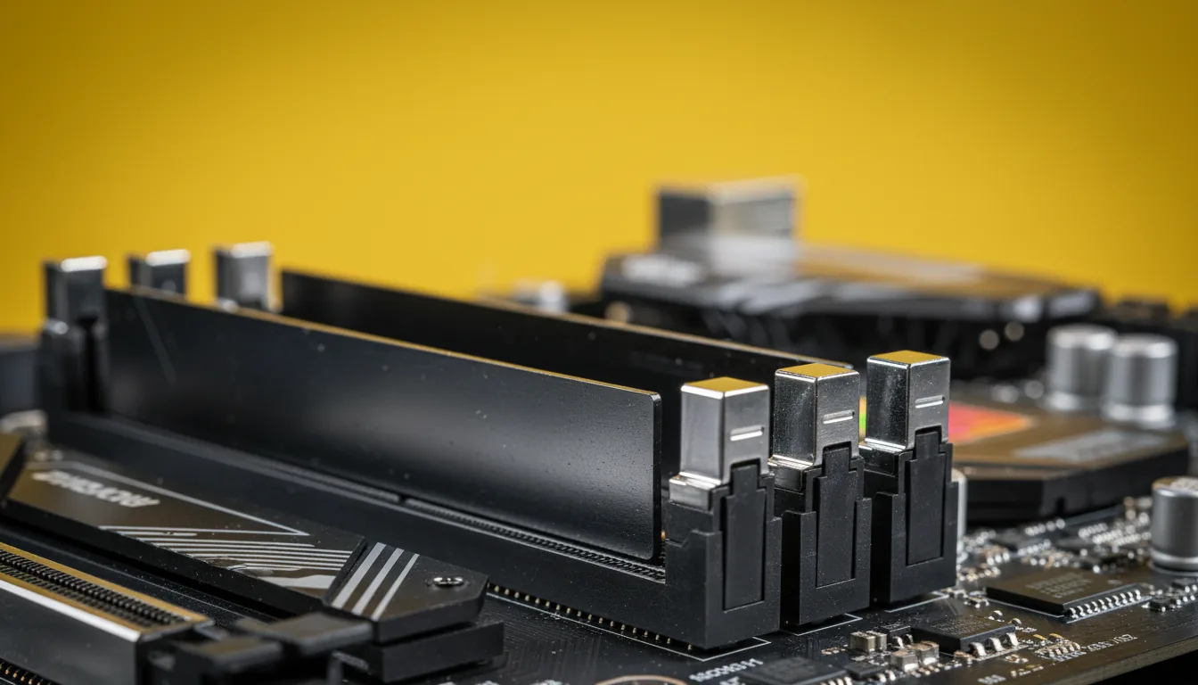 Macro DSLR photograph of two empty, vertical RAM slots on a high-end computer motherboard, with the polished chrome locking levers in sharp focus. The scene is illuminated with bright, soft studio lighting, highlighting the metallic textures. In the background, other blurred motherboard components sit in front of a solid, vibrant yellow wall, creating a shallow depth of field.