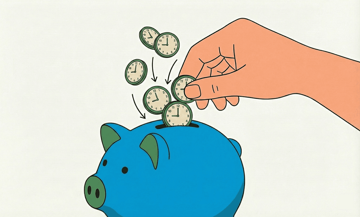 Hand dropping small clock coins into a piggy bank to symbolize saving time.