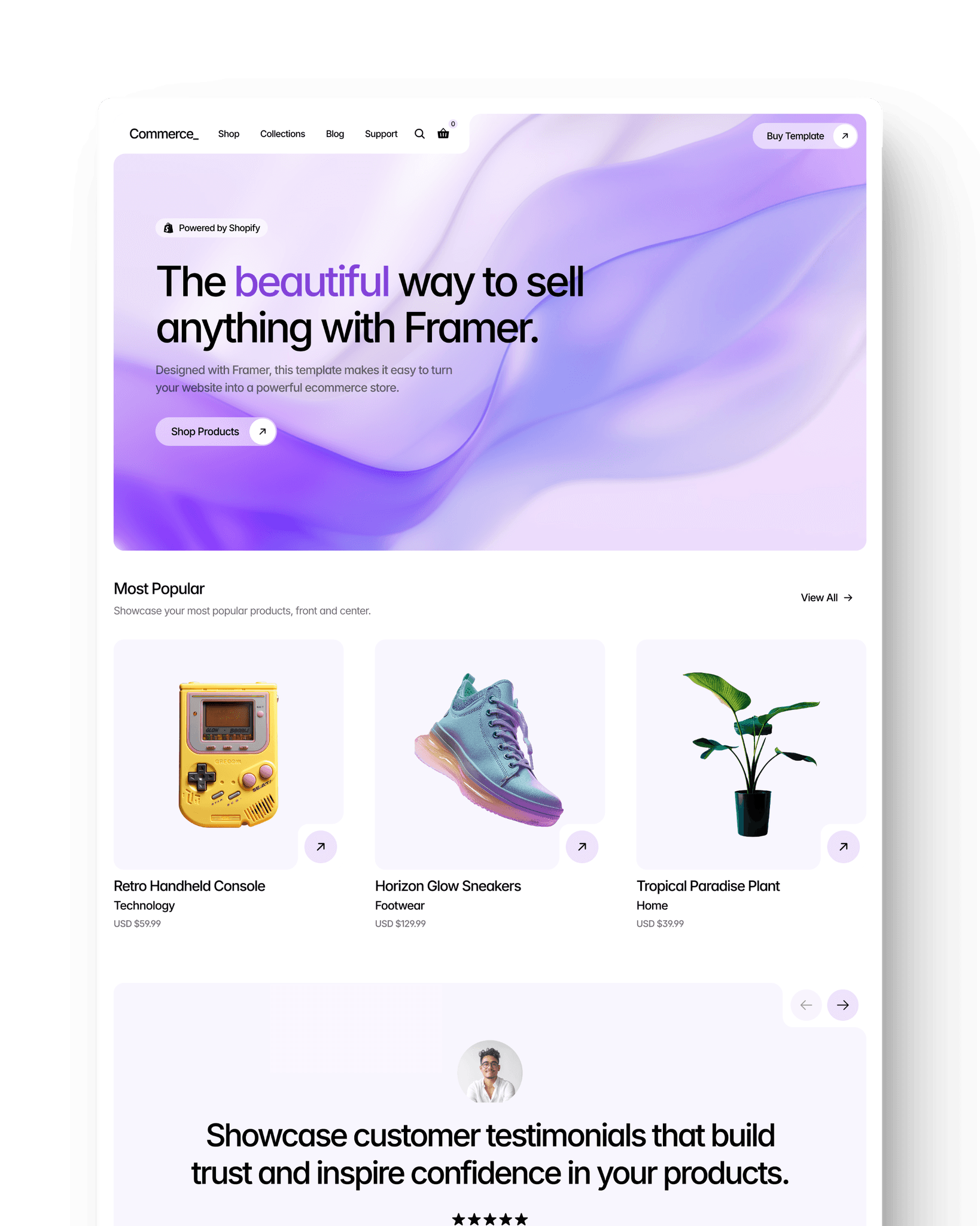 A webpage showcasing various products including shoes, a plant, and a book, on a colorful background.