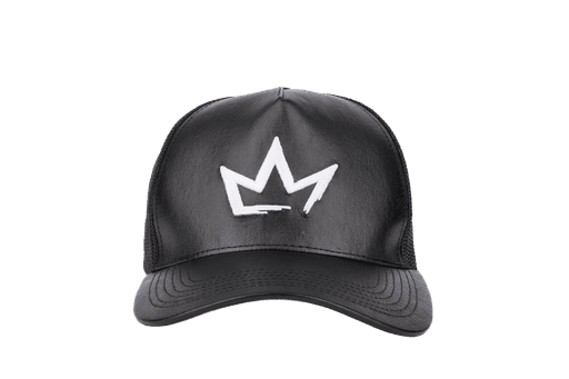 A black leather baseball cap featuring a prominent embossed letter "D" on the front, showcasing sleek design and luxury fashion elements.