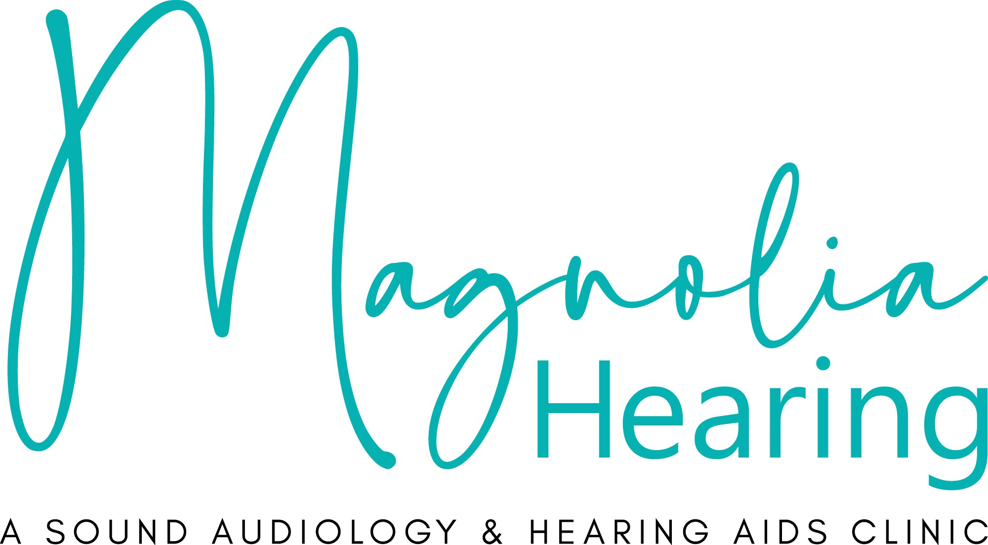Logo for Magnolia Hearing, featuring a stylish font in teal, emphasizing hearing assistance and care.
